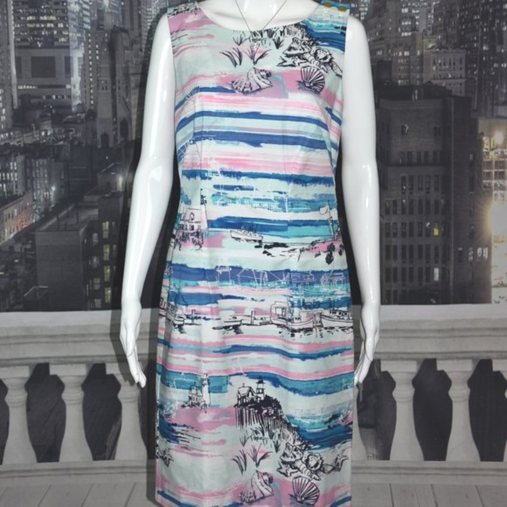 Talbots Size 6 Nautical Cotton Dress with Shells, Boats, and Lighthouse Print